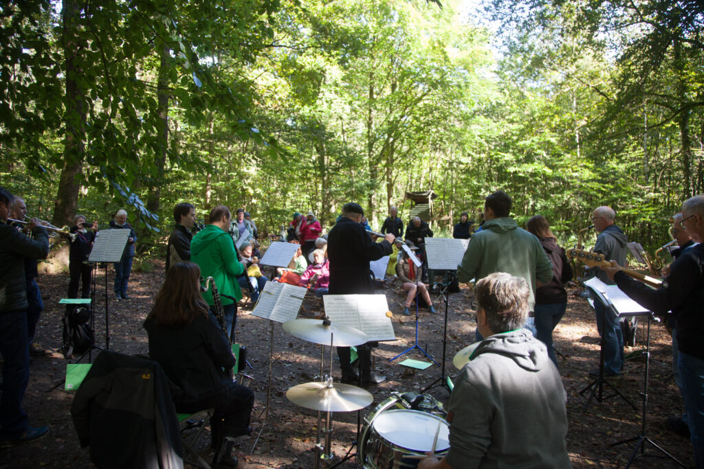 Ein Orchester mit Schlagzeug, Blas- und Zupfinstrumenten mitten im Wald.